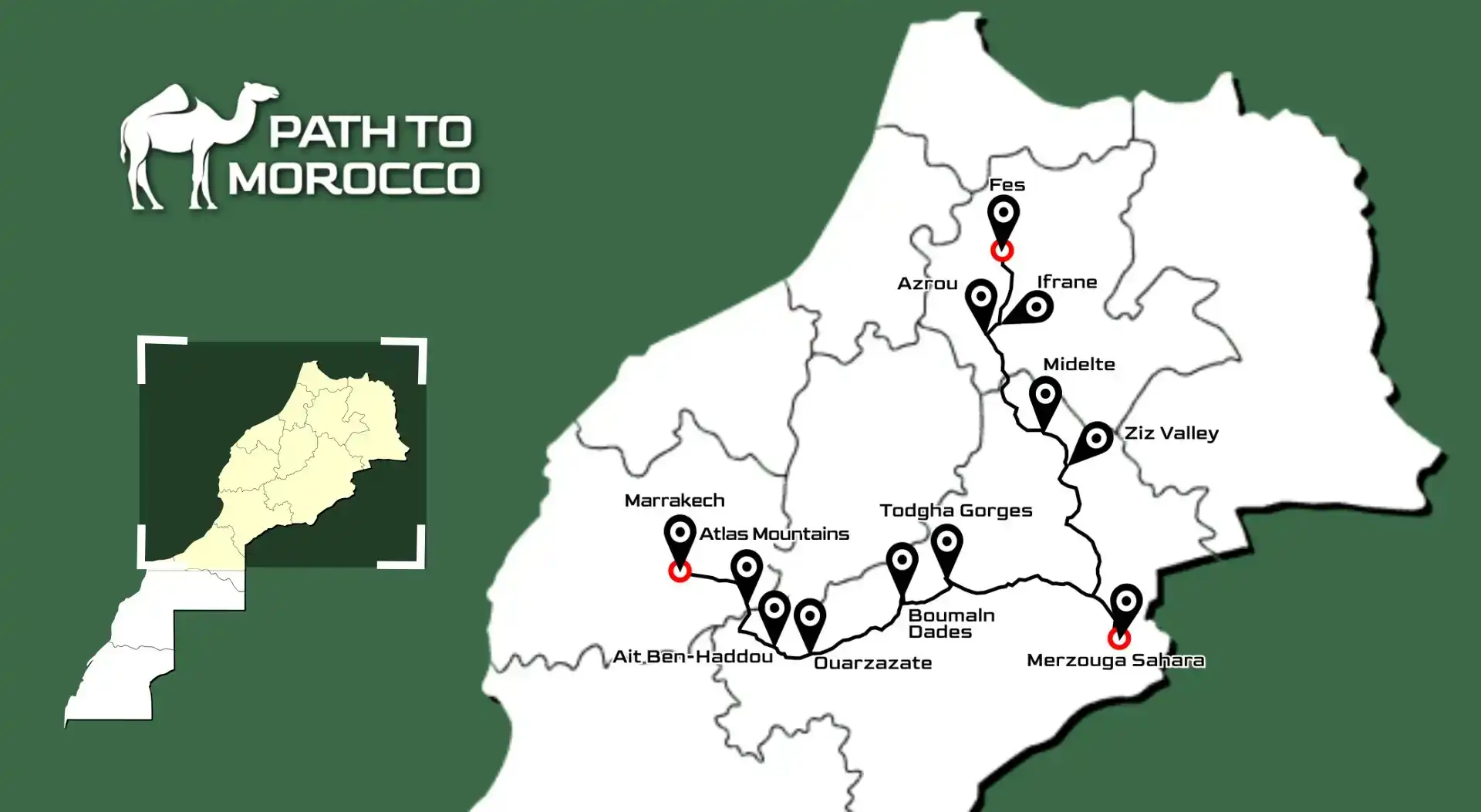 marrakech to fes desert tour 4 days map path to morocco marrakech to fes desert tour 4 days via Merzouga Sahara Map